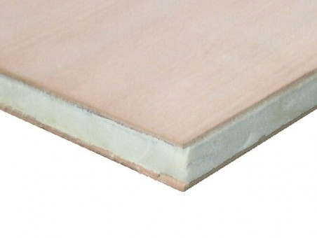 Verbundelement Okoumé oder ähnlich MD - Verbundelemente Sperrholz mit 
beidseitiger Alu-Dampfsperre 
Decklagen 4 mm Sperrholz glatt 
Okoumé Messerdeck
AW100 verleimt nach EN 314
Innenlage Polyurethan-Kern WLS 025
RG 48, U-Wert 1,1 W/qmK