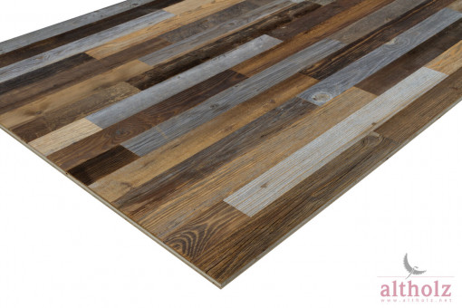 3-S Platte Altholz Nadelholz gestoßene Lamellen - 3-Schichtplatte Altholz mit  originalen sonnenverbrannten Oberflächen in der Länge gestoßen, gemischte Farben Nadelholz Fichte/Tanne/Kiefer gemischte Farben (gereinigt), 
Verleimung D4 gemäß DIN/EN, 204A/C, SWP 1 Decklamellen ca. 8 cm Mittellage Nadelhol