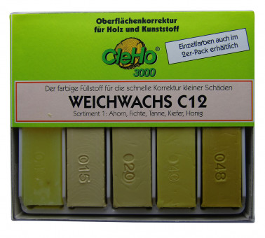 Cleho Weichwachs C12 S1, 5St, Ahorn/Fichte/Tanne/Kiefer 1225 - Cleho Weichwachs C12 Sortiment 1
5er Serie
Ahorn/Fichte/Tanne/Kiefer 1225501