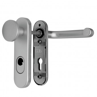 Deni Schutzgarnitur Feuerschutz Kurzschild - DENI Schutzgarnitur Feuerschutz Kurzschild rund, 
Knauf/Drücker PZ ES-1 72 mm, mit Kernziehschutz, Knopf fest montiert, Aluminum F1, TS=40-66 mm,  
3619021201