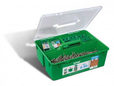 Spax Green Box Terrasse, Profiset 5,0x50mm Holz auf Holz - Spax Green Box Terrasse, 
Profiset für 25-28 qm, Anwendung: Holz auf Holz, 
Inhalt: 850 Spax Zylinderkopf 5,0x50 mm 
T-Star plus Edelstahl A2, 12 Spax Spacer, 
5 Spax BITs T-Star plus T25, 1 Stufenbohrer 
Spax drill 2 step 5000009010009