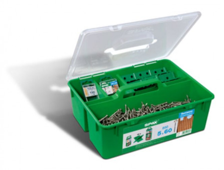 Spax Green Box Terrasse Profiset 5,0x60mm Holz auf Holz - Spax Green Box Terrasse, 
Profiset für 25-28 qm, Anwendung: Holz auf Holz, 
Inhalt: 850 Spax Zylinderkopf 5,0x60 mm T-Star plus 
Edelstahl A2, 12 Spax Spacer, 5 Spax BITs 
T-Star plus T25, 1 Stufenbohrer Spax drill 2 step 
5000009030009