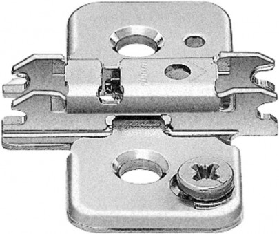 Blum Clip Kreuzmontageplatte Distanz 0 mm vernickelt - Blum Clip Montageplatte, kreuz, 0 mm, 
Stahl, vormontierte Systemschrauben, 
HV: Exzenter, vernickelt, 
173H9100.22