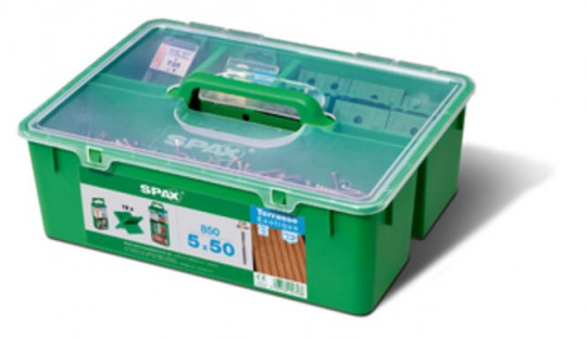 Spax Green Box Terrasse, Profiset 5,0x50mm Holz auf Holz - Spax Green Box Terrasse, 
Profiset für 25-28 qm, Anwendung: Holz auf Holz, 
Inhalt: 850 Spax Zylinderkopf 5,0x50 mm 
T-Star plus Edelstahl A2, 12 Spax Spacer, 
5 Spax BITs T-Star plus T25, 1 Stufenbohrer 
Spax drill 2 step 5000009010009 | 2