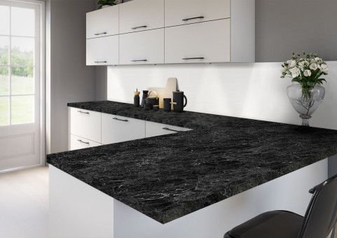 Resopal Arbeitsplatte 3405-90 Cape Noire - RESOPAL Arbeitsplatte 3405-90 
Cape Noire Perl
3 mm Radius
75% PEFC zertifiziert, DNVSE-PEFC-COC-349 | 3
