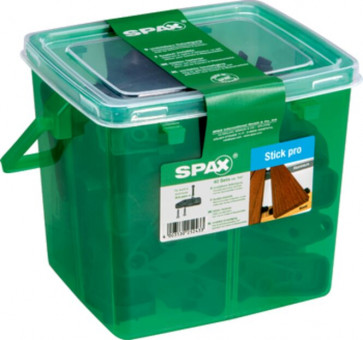 Spax Stick pro verdeckte Befestigung f. Terrassendielen 3qm. - Spax Stick pro, verdeckte Befestigung für Terrassendielen, enthält passende Spax mit Zylinderkopf, verwendbar auf Holz und Aluminium, 60x20x8 mm, 
für 3 qm, 120 Stück in Henkelbox
5009422556619 | 4